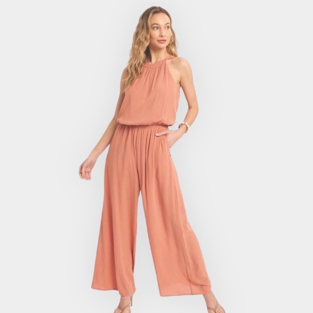 HALTER NECK WIDE LEG RAYON JUMPSUIT COLOR CLAY NEW FINAL PRICE